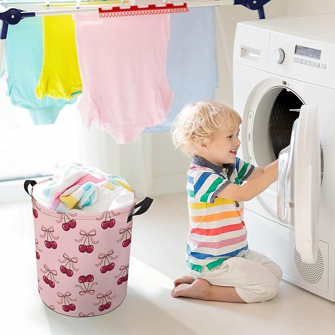 Pink Laundry Basket Cherry Decor Bow Laundry Hamper Clothes Toy Storage Bin for Bedroom Bathroom