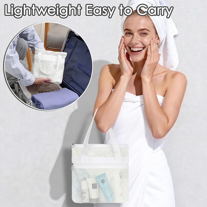 GYEUKHAM Mesh Shower Caddy Portable Shower Bag for Travel,Gym,Camping – Quick-Dry Hanging Toiletry Organizer with Zipper Pockets for Bathroom Essentials,White
