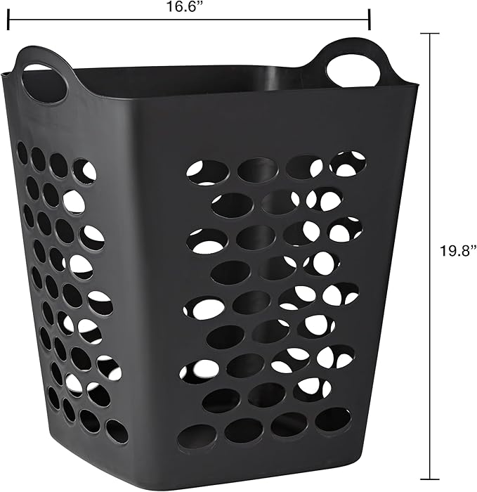Square Laundry Hamper with Handles – Large Capacity Plastic Laundry Basket, Space-Saving Design with Ventilation Holes, Black