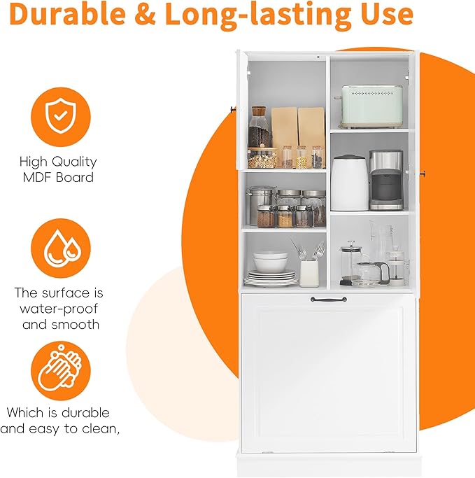 Virubi Tall Laundry Cabinet with Tilt Out Hamper, Wood Tall Laundry Room Cabinets with Doors, and Adjustable Shelves, for Bathroom Storage Organization, Freestanding, White