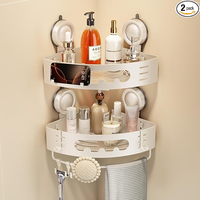 Voldra Corner Shower Caddy Suction Cup, Aluminum Corner Shower Shelves for Wall No Drilling, Large Suction Cup Shower Organizer with Towel Bar & Hooks Removable Bathroom Storage Rack(2 Pack-White)