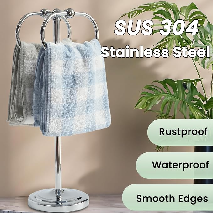304 Stainless Steel Free Standing Bathroom Towel Rack & Towel Ring - 16Inch Non-Slip Base Floor Standing Towel Holder with Double Oval Rings for Bathroom, Bathtub (Sliver Chrome)