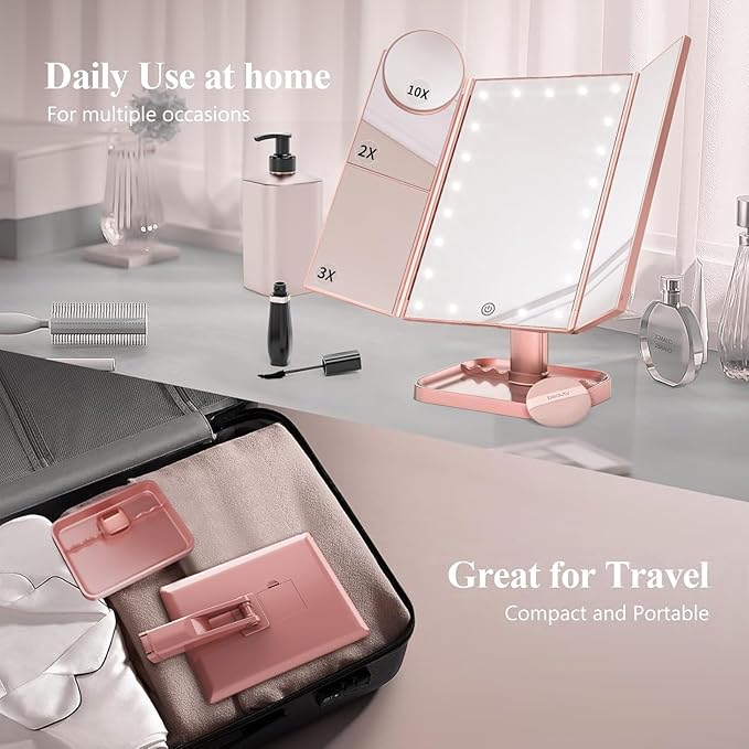 HUONUL Makeup Mirror, Vanity Mirror with Lights, 2X/3X/10X Magnification, Touch Control, Trifold, Dual Power Supply, Valentines Day Gifts for Her,Gifts for Women, Wife, Mom, Girls,Dorm Room Essentials