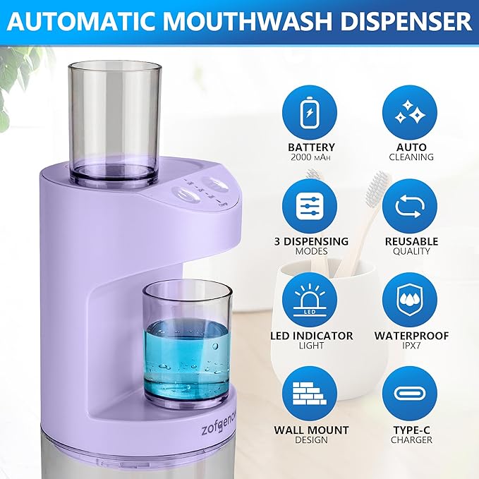 ZOFGENOW Automatic Mouthwash Dispenser for Bathroom,Bathroom Accessories 19.4 Fl Oz Dispensers with Magnetic Cups,Wall Mounted Dispenser,Suitable for All Age Groups,Purple