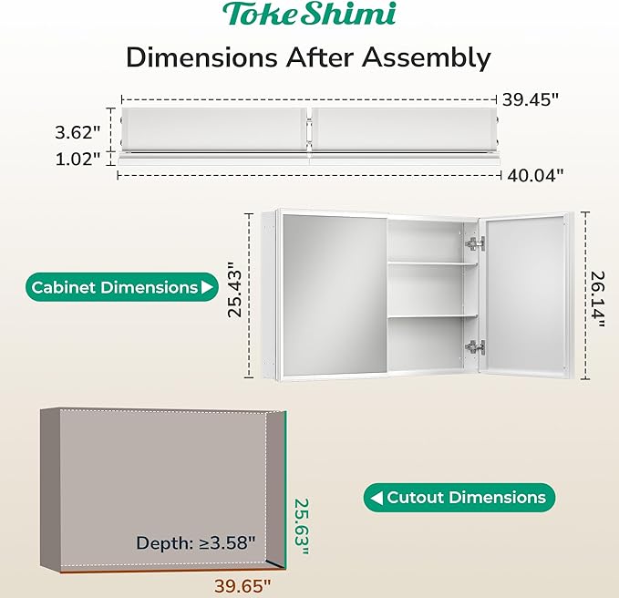 TokeShimi 40 x 26 White Recessed Medicine Cabinet with Mirror, Assembly Required, Bathroom Medicine Cabinet with Mirror, Stepless Adjustable Shelves, Beveled Aluminum Frame, DTC Hinge