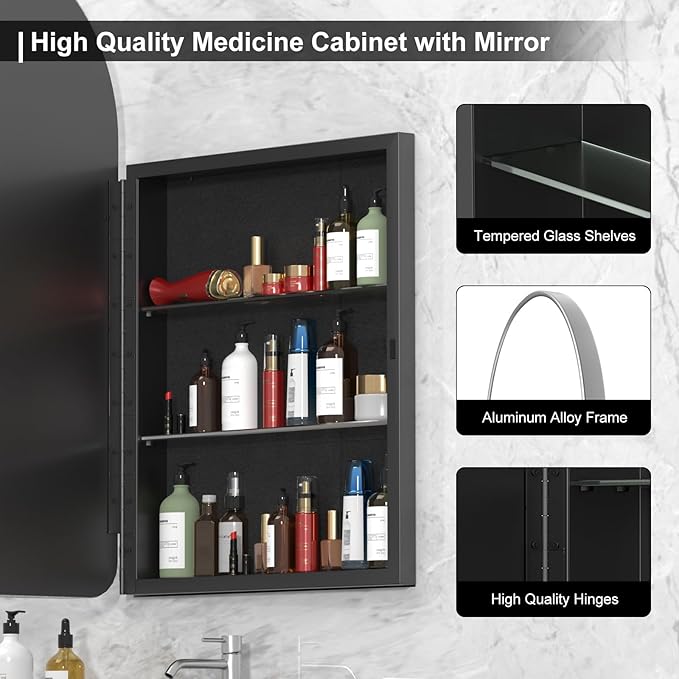 20x31 Inch Arched Medicine Cabinet with Mirror - Metal Framed Recessed Bathroom Storage, Recessed Arched Medicine Cabinet for Bathroom ,Oil Rubbed Nickel Finish, Rust-Resistant ,Adjustable Shelves