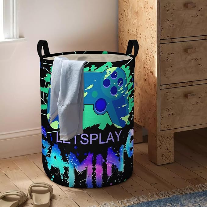 Gaming Laundry Basket with Lining Foldable Kids Laundry Hamper Light weight Clothes Storage Basket Gamepad Waterproof Room Toy Organizer Boys Girls Gift Bin for Decor (Thicken-Green gamepad, 43L)