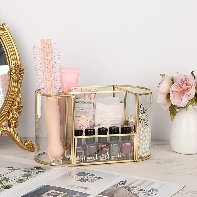 Hipiwe Gold Makeup Brush Holder 4 Slots Glass Cosmetics Brush Organizer Remote Control Holder Pen Holder Vintage Vanity Storage Holder for Brushes Comb Eyeliner fit Dresser Bathroom Office