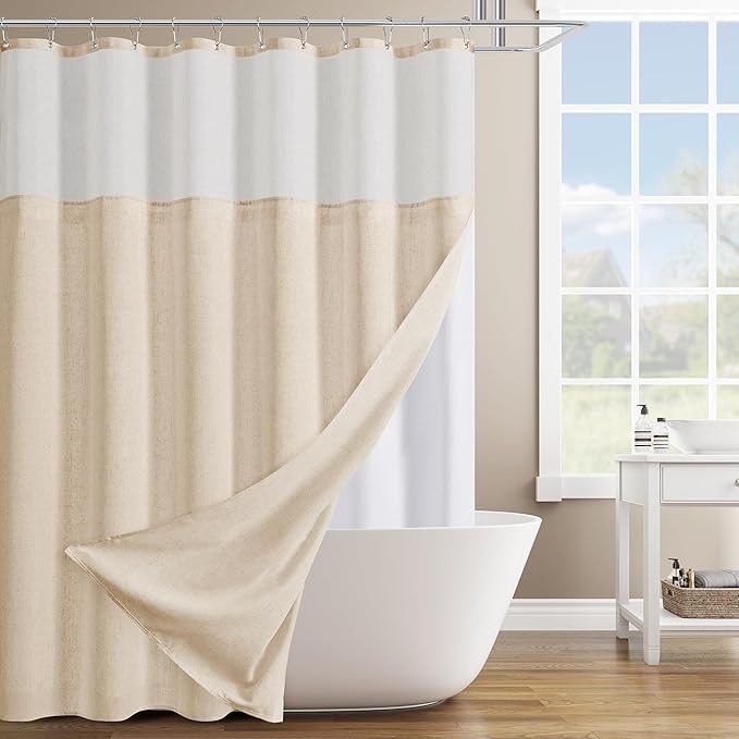 Naturoom Natural Linen Shower Curtain with Snap in Liner Set Rustic Farmhouse Shower Curtains for Bathroom 200GSM Textured Cream Burlap Cloth Double Bath Curtains with See Through Top Window 72x78