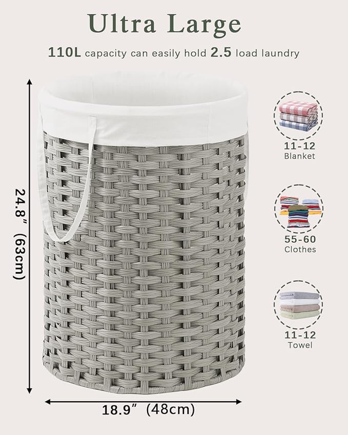 SETVSON Laundry Basket Round Rattan Laundry Hamper 29.1 Gal(110 L) Handwoven Large Wicker Basket with Handles, Wicker Hamper with Removable Bags and 2 Mesh Bags for Bathroom Living Room Gray(No Lid)