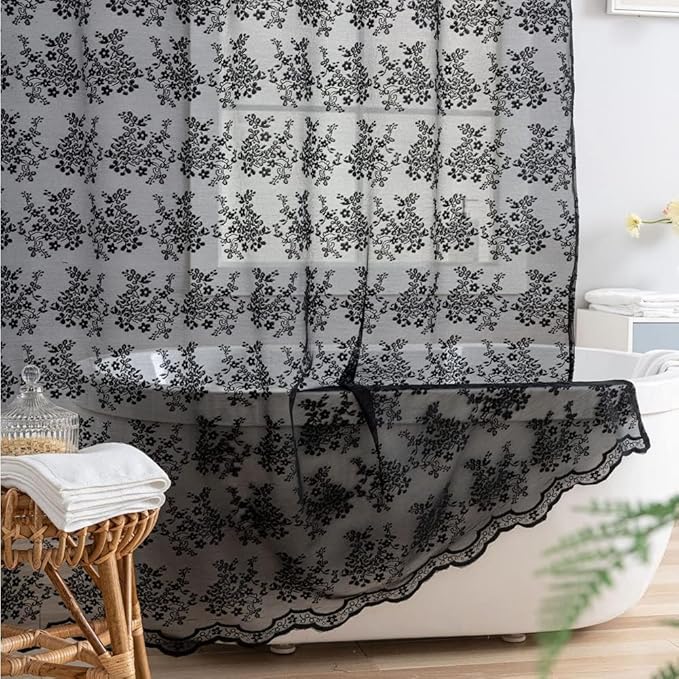 YJ YANJUN Goth Narrow Shower Curtain 36x72 with Attached Valance Victorian Black Floral Lace Small Shower Curtain Short Gothic Rv Camper Shower Curtain Halloween Spoopy Ghost Half Bathroom Décor