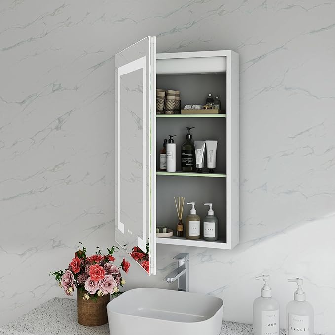16x24 Inch Bathroom Medicine Cabinet with Mirror, Lighted Bathroom Mirror with Storage, Recessed /Surface Mount Medicine Cabinet with Socket & USB, Anti-Fog, 3 Colors Temperature, Dimmable Light