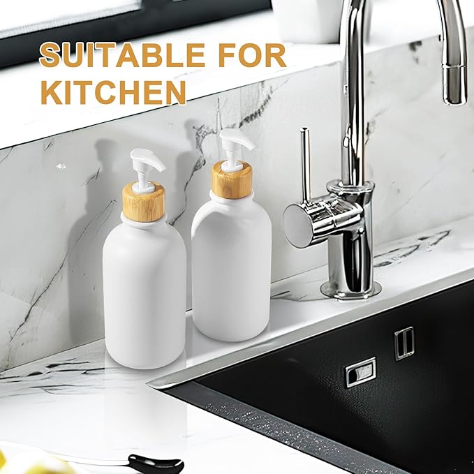 KASUNTING White Soap Dispenser, 2 Pack Plastic Bathroom Hand Soap and Lotion Dispenser Set with Bamboo Pump, 17 Fl Oz Hand and Dish Soap Dispensers Set for Kitchen, Refillable Liquid Soap Bottles