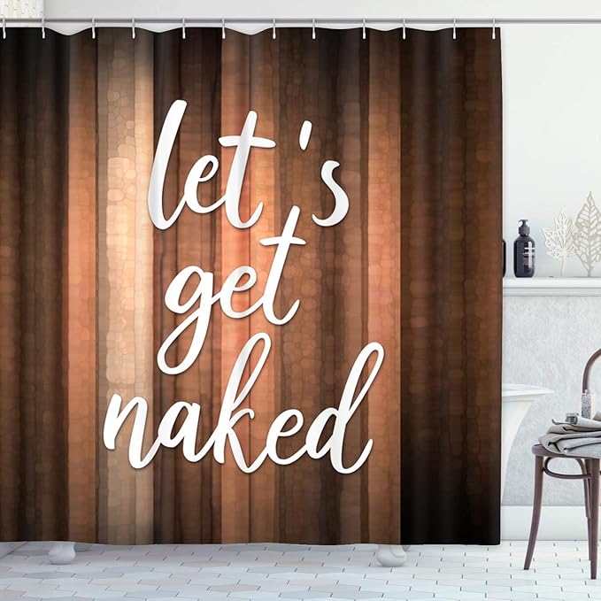 ArtSocket 4PC Let's Get Naked Orange Brown Striped Vintage Abstract Shower Curtain Sets Bathroom Decor with Rugs, Non-Slip Rug,Toilet Lid Cover, Bath Mat and 12 Hooks 72x72 inches