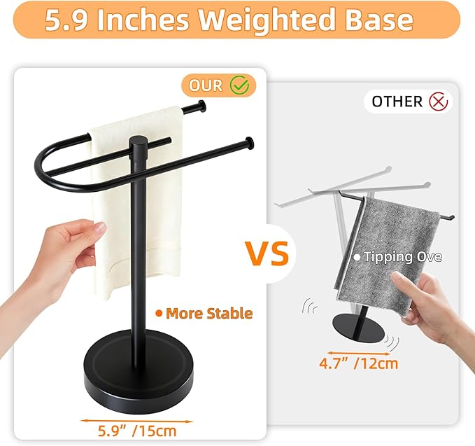 Towel Holder Stand, Stainless Steel Hand Towel Holder Rack for Bathroom Countertop, C-Shape Free Standing Towel Bar Holds 2 Towels for Bathroom Kitchen Countertop, Matte Black