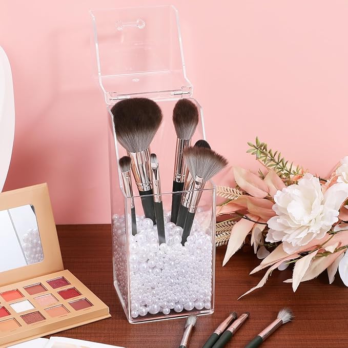 Zerodeko Acrylic Pen Holder Storage Box with Lid 2-Pack Clear Desktop Organizer for Makeup Brushes Stationery and Small Items 8.26X3.34X3.34In
