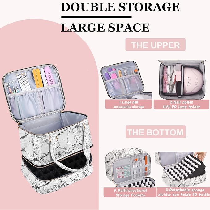 FCQQYWZ Nail Polish Organizer Case - Holds 30+ Bottles (15ml/0.5 fl.oz) and 1 Nail Lamp, Upgraded Double-layer Nail Polish Carrying Case Nail Polish Storage Bag with Handles (WHITE)