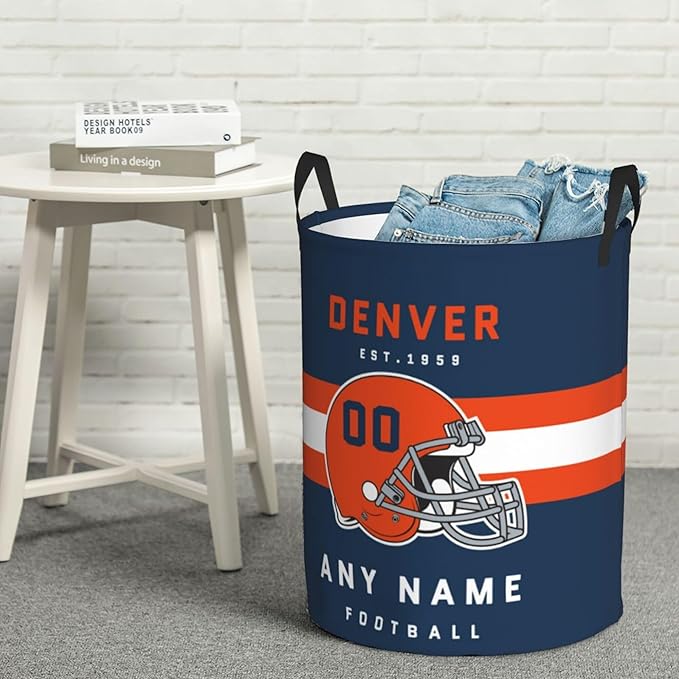 Custom Denver Laundry Hamper - Personalized Football Style Laundry Basket - Customized Name and Number - Dirty Clothes Hamper Waterproof Large Capacity Hamper for Bedroom Bathroom Living Room