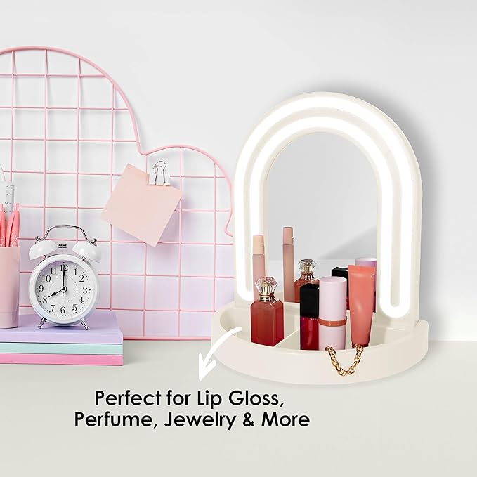 Glass Mirror with White LED, Wall Mirror for Bedroom, Living Room, or Hallway, USB Powered Lighted Mirror with Detachable Base, Body Mirrors for Bedroom & Home Décor, Ivory