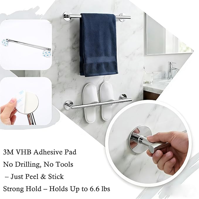 Self-Adhesive Towel Bar 16" - No Drill Chrome Bathroom Towel Rack, Wall Mount Towel Holder, Rustproof Stainless Steel Adhesive Command Strip Towel Bar for Bathroom Wall