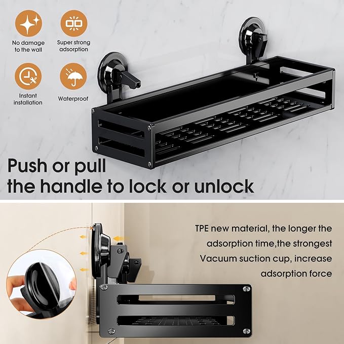 Shower Caddy Suction Cup, 15.7 inch 2 Pack Suction Shower Shelf with Hooks NO-Drilling Bathroom Holder, Rustproof Bathroom Organizer, Black,Includes 2 Extra Suction Cups for Replacement Use