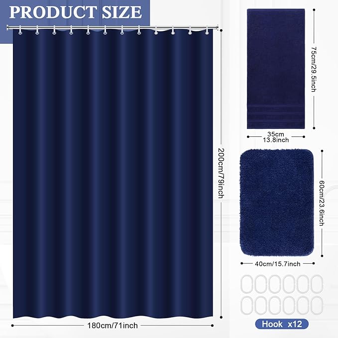 Fanfanwin 3 Pcs Bathroom Curtain Sets with Shower Rug and Towel Waterproof Shower Curtain Non Slip Bathroom Rug Bath Mat Soft Hand Towel with 12 Hooks for Hotel Decor(Navy Blue)
