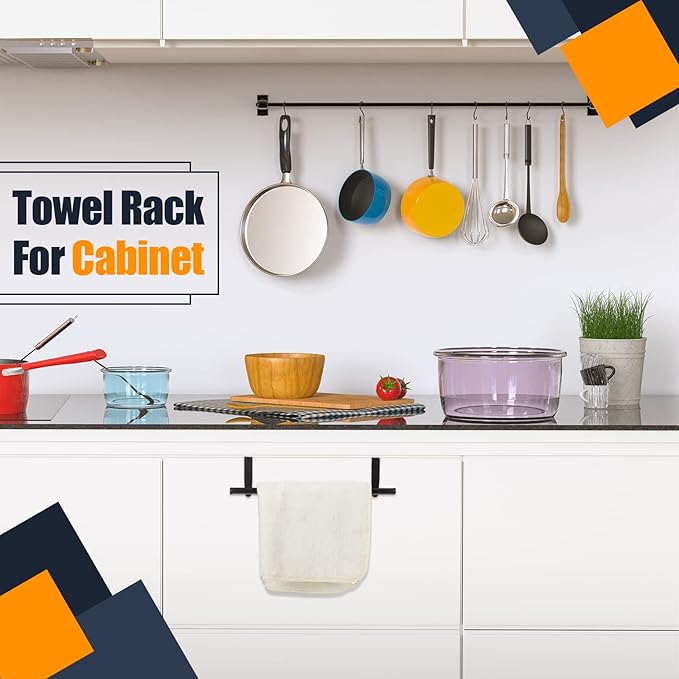 2 Pack Towel Rack for Cabinet, Over Cabinet Bar, Strong Steel Towel Holder, 9 Inch for Home Kitchen Bathroom Doors(Black)