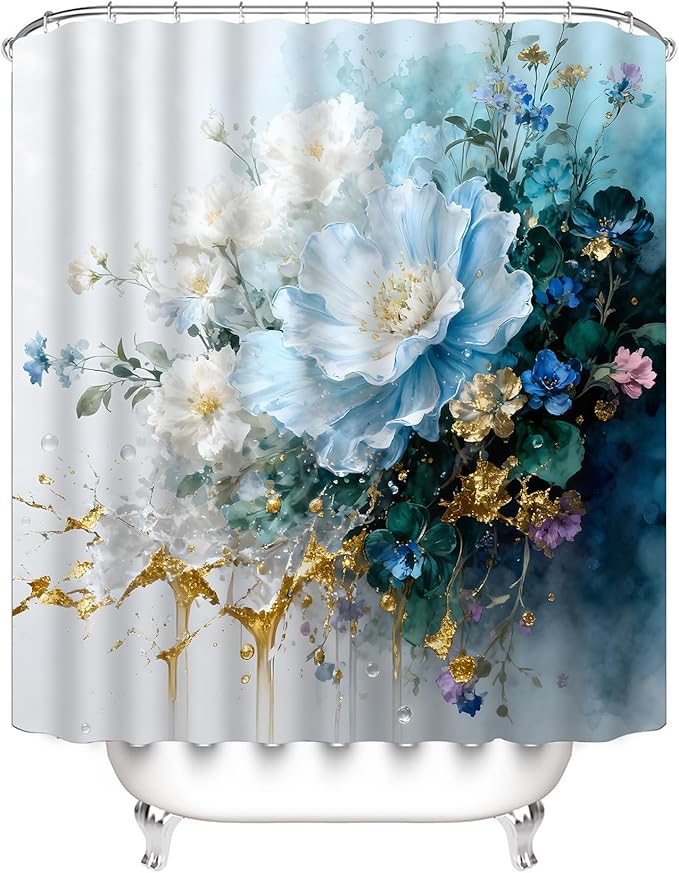 AZHM Watercolor Floral Shower Curtain Set 4PCS Blue and White Delicate Floral Farmhouse Bathroom Accessories Set, Includes Rugs and 12 Hooks