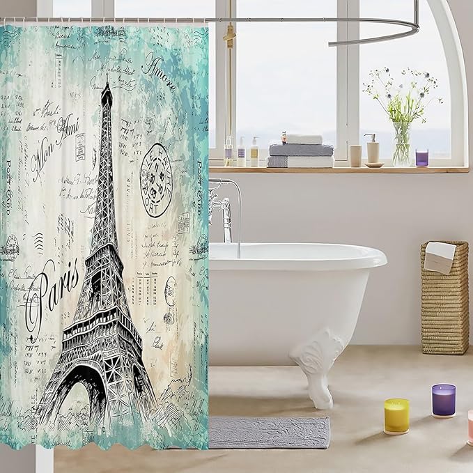 Feelyou Eiffel Tower Bath Curtain Chic Retro Paris Theme Shower Curtain Kids Vintage Paris Cityscape Bathroom Curtain Bathtubs Decor French Teal Waterproof Fabric Curtain Set 72"x78"