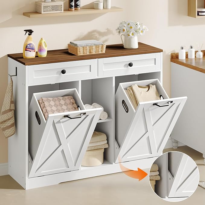 HOOBRO Double Tilt Out Laundry Hamper Cabinet, 23 Gallon Farmhouse Trash Can Cabinet with 2 Drawers and Open Shelving, Wooden Hidden Laundry Hamper, for Bathroom, Kitchen, White and Walnut WH11XY01
