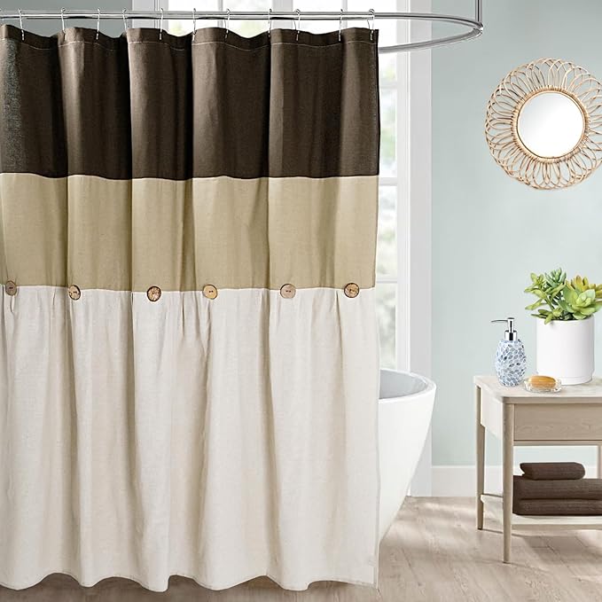 Farmhouse Cotton Button Natural Neutral Color Shower Curtain,Pleated Linen Color Cotton Blend Woven Fabric,Country Style,72x72 in for Bathroom