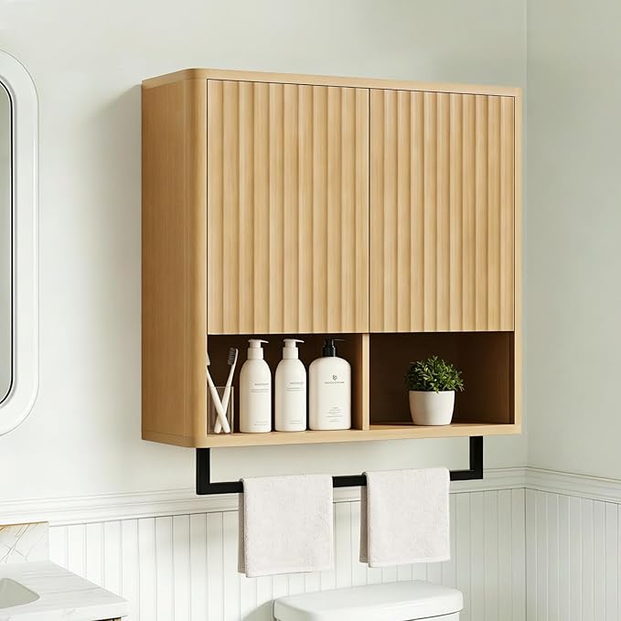 Bathroom Wall Storage Cabinet, Over The Toilet Medicine Cabinet, Hidden Storage & Open Shelves, Small 2-Door Multi-Functional Bathroom Organizer with Towel Bar for Bathroom & Kitchen (Wood)