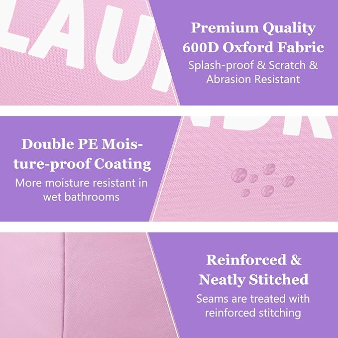125L Pink Laundry Basket, Extra Large Clothes Basket with Handles, Waterproof Dirty Clothes Hamper, Collapsible Laundry Bin Stand Upright, Sturdy Storage Basket for Bathroom, Flat, Pink