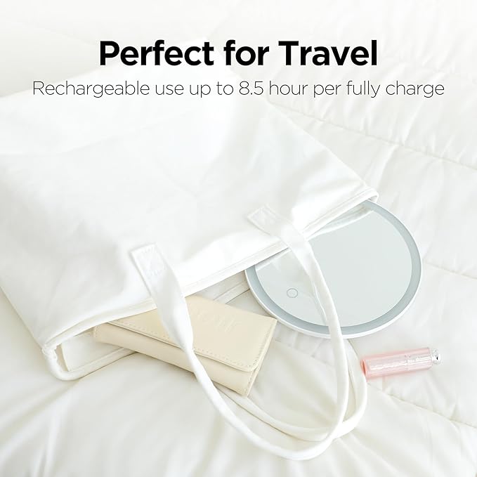 mooas Travel Makeup Mirror, Portable LED Lighted Vanity Mirror, 6.1×7.83 in Slim Foldable Mirror with Touch Control, 3-Color Dimmable Lighting, Rechargeable USB-C, Pouch Included, White (Round)