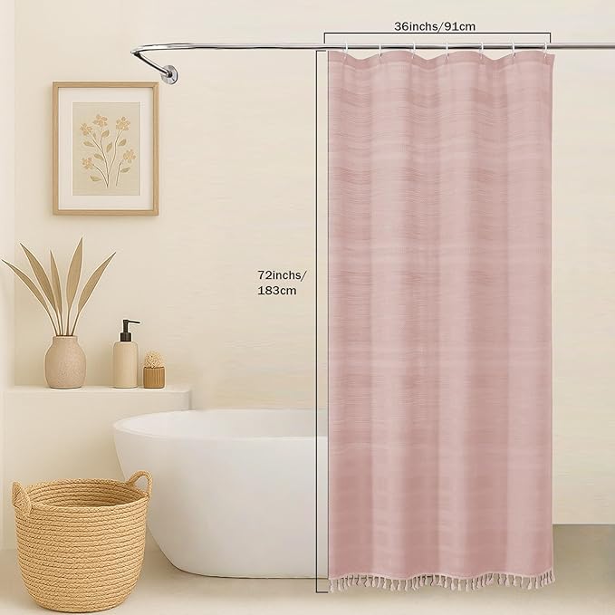 OVZME Small Stall Shower Curtain - Linen Textured Bathroom Curtain with Boho Tassel, Heavy Duty Farmhouse Bath Decor for RV Camper, Machine Washable, 36Wx72L Inches, Pink