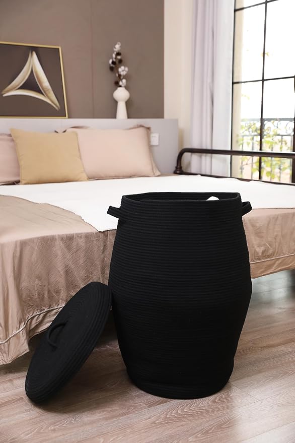 26"x20" Handcrafted Tall Cotton Rope Basket with Lid, Stylish Flagon Shape with Cover, Clothes Hamper with Top, for Bedroom and Living Room, All Black