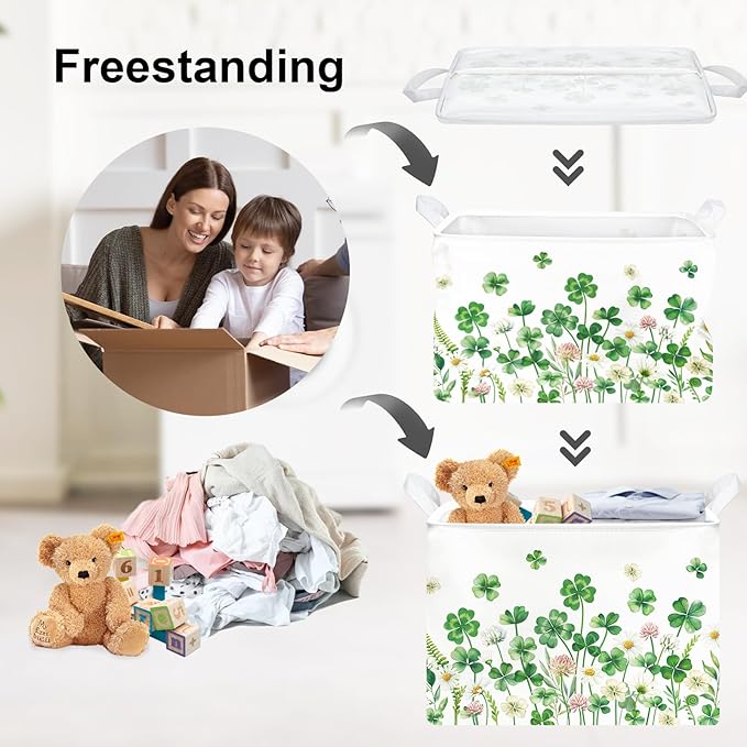 Clastyle Floral Saint Patrick's Day Storage Basket Shamrock Clover Clothes Book Toy Shelf Basket Kid Room Decor Gift Storage Bin Organizer,Four Leaf Clover,40x30x30 cm
