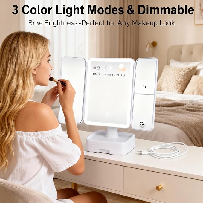 Makeup Mirror with LED Light, 1X/2X/3X Magnification, Rechargeable Vanity with Storage Box, Touch Control 3-Color Lighting, Portable Trifold Mirror, Gift for Her(White)