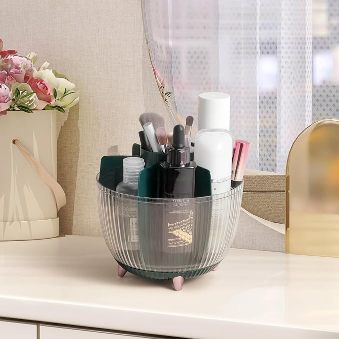 Makeup Brush Holder with Lid Dustproof & Waterproof 360 Rotating Cosmetics Makeup Brush Organizer Storage with Transparent Lid for Vanity Bathroom Green
