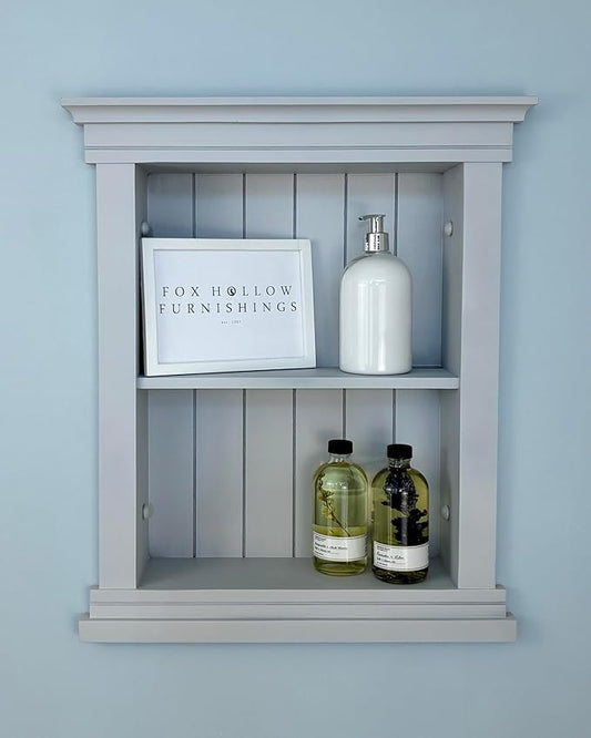 Fox Hollow Furnishings 14x18 Elliot Craftsman Recessed Wood Wall Niche, Open Medicine Cabinet Replacement, in Wall Bathroom Cabinet Insert Shelves, Made in North America, NO MDF, Beadboard, Light Gray