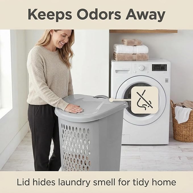 2 Bushel Rolling Laundry Hamper with Lid & Wheels - Light Gray Plastic Laundry Basket, Ventilation Design, Easy Move for Bedroom Bathroom Laundry Room (1 Pack）