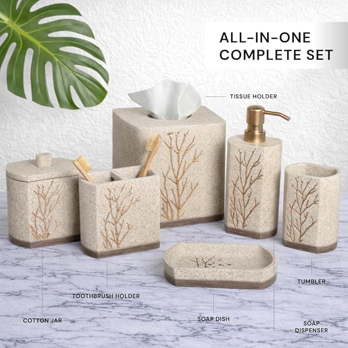 Decozen Bathroom Accessories 6Pcs Set, Soap Dispenser, Toothbrush Holders, Tumbler, Soap Dish & Cotton Swab Jar – Modern Bathroom Decor, Modern Farmhouse Decor, Countertop Accessories, Beige Brown