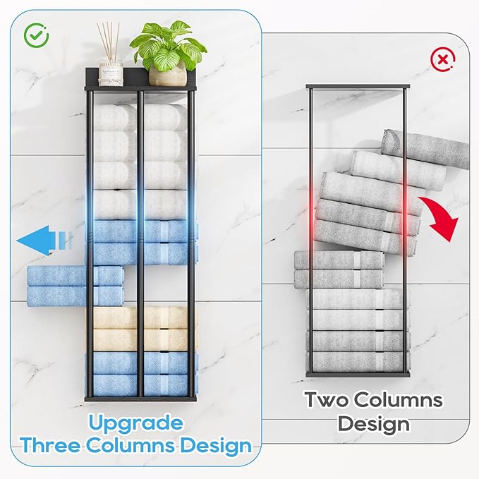 Towel Racks for Bathroom Wall Mounted with Wooden Storage Shelf, Updated 3 Bar Metal Towel Holder for Rolled Towels, Sturdy and Large Capacity, Towel Storage Organizer-Black