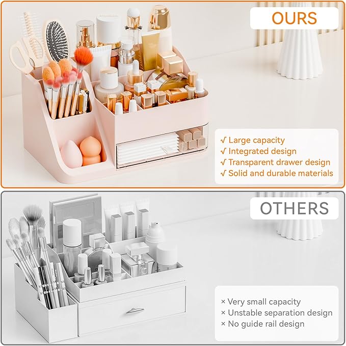 Yieach Countertop Makeup Organizers With Brush Holder,Big Skincare Organizers for Vanity,Dresser,Bathroom,Plastic Cosmetics Storage Organizer with Drawers for Lotion,Beauty,Hair Product & Tool,Pink