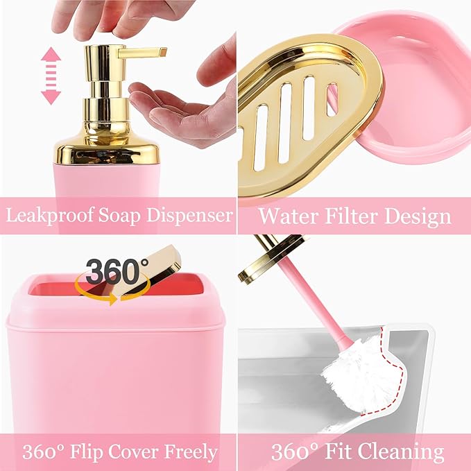 XLHOMO Bathroom Set - Pink Bathroom Sets with Shower Curtain and Rugs, 24PCS Shower Curtain Set with Hooks, Soap Dispenser, Soap Dish, Toilet Brush Holder and Trash Can for Housewarming
