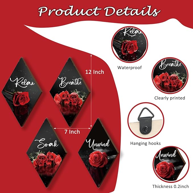 ONIZHITY Set of 4 Red Bathroom Decor Rose Wooden Wall Decor Flower Rustic Romantic Floral Farmhouse Wall Decor Modern Breathe Soak Unwind Relax Signs Red Decor for Room Kitchen Bathroom (12 x 7)