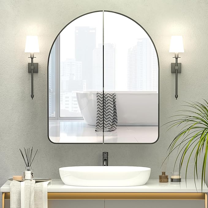 Arched Medicine Cabinet with Mirror,PVC Arched Black Medicine Cabinets Mirror,24x28 Mirrored Medicine Cabinets for Bathroom Mirror Cabinet,Surface Mount Medicine Cabinet,botiquines de baño