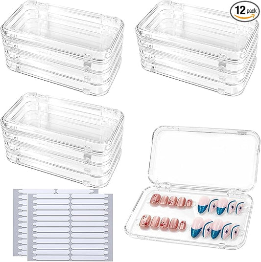 Press on nail storage Large Acrylic Nail Storage Box - Portable Versatile Organizer for Press - On Nails, Jewelry and More with 90 Pcs Adhesive Double Sided Tape 12 PCS