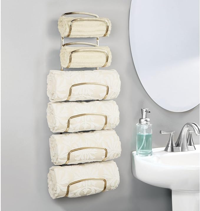 mDesign Metal Towel Storage Unit – Bathroom Towel Storage for Towels – Practical Towel Rack Also for Bathroom Accessories – Brass