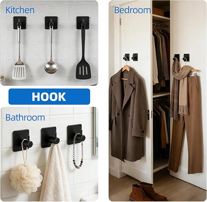 10 Pieces Bathroom Towel Bar Set, Stainless Steel Matte Black Bathroom Hardware Set Self Adhesive, Towel Racks for Bathroom, 16 inch Towel Bar, Robe Towel Hooks, Toilet Paper Holder, Towel Ring